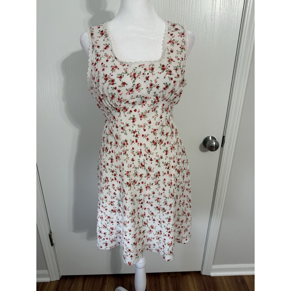 Soft Feminine Cottagecore Pink & Red Floral Lace Trim White Mini Dress Small